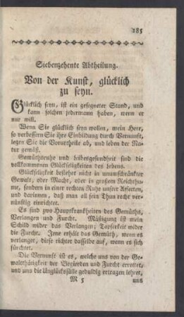 Siebenzehente Abtheilung. Von der Kunst, glücklich zu seyn