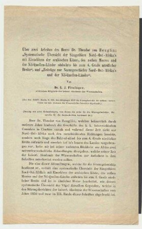 Sonderdruck: Über zwei Arbeiten des Herrn Dr. Theodor von Heuglin