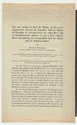 Sonderdruck: Über zwei Arbeiten des Herrn Dr. Theodor von Heuglin