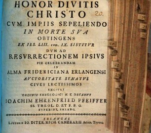 Honor Divitis Christo Cvm Impiis Sepeliendo In Morte Sva Obtingens Ex Ies. LIII. com. IX. Sistitvr