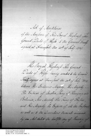 Beitritt Hessens zum Frankfurter Vertrag vom 20. Juli 1819. (Akzeptation Großbritanniens, paraphiert)