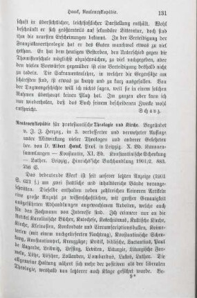 131-133 [Rezension] Realencyklopädie [Realenzyklopädie] für protestantische Theologie und Kirche; Band X und XI