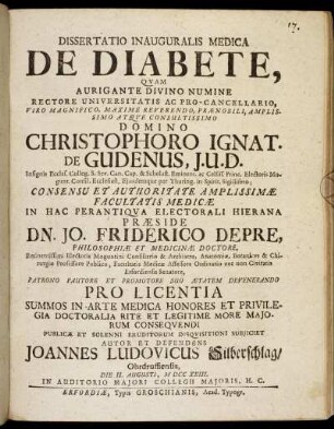 Dissertatio Inauguralis Medica De Diabete