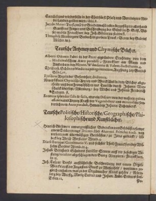 Teutsche Politische/ Historische/ Geographische/ Philosophische und Kunstbücher.