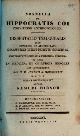 Nonnulla de Hippocratis Coi cognitione anthropologica : diss. inaug.