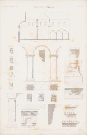 Klosterkirche, Lausnitz: Längsschnitt, Details (aus: Atlas zur Zeitschrift für Bauwesen, hrsg. v. G. Erbkam, Jg. 13, 1863)