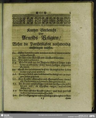 Kurtzer Vorbericht Von Arnolds Religion, Woher die Partheyligkeit nothwendig entspringen müssen