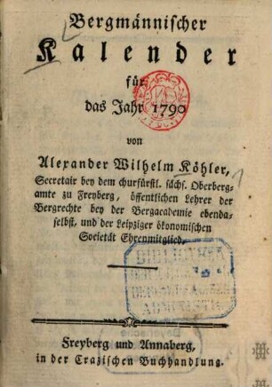 Bergmännischer Kalender : für das Jahr .... 1790