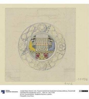 Köln, Frauenrosenhof der Deutschen Kunstausstellung, Skizzenblatt mit Entwurf für Glasfenster und skulpierten Rahmen zum Rundfenster der Halle