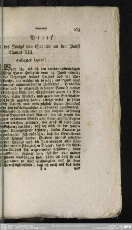 Brief des Königs von Spanien an den Pabst Clemens XIII.