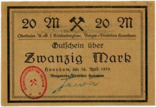 Geldschein / Notgeld, 20 Mark, 16.4.1919