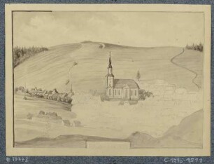 Die Kirche und Ort Grünhain (Ortsteil von Grünhain-Beierfeld) im Erzgebirge, nördlich von Schwarzenberg, unvollendet