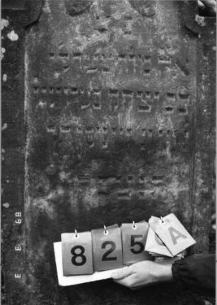 Grabstein 825 (Index: 99751469) Material: Sandstein Zustand: verwittert Maße HxBxT: 118x59x13 cm Beschreibung: Stele, eingezogener Rundbogenabschluß, Schriftfeld eingetieft Symbolik: zwei Challot: Grabstein 825A