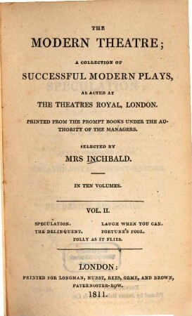 The modern theatre : a collection of successful modern plays, as acted at the theatres royal, London ; in ten volumes. 2, Speculation. Laugh when you can. The delinquent. Fortune's fool. Folly as it flies