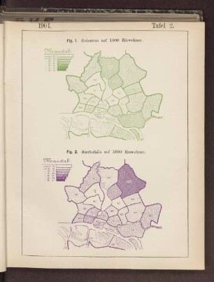 Fig. 1. Geburten auf 1000 Einwohner. Fig. 2. Sterbefälle auf 1000 Einwohner.