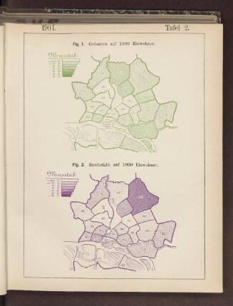 Fig. 1. Geburten auf 1000 Einwohner. Fig. 2. Sterbefälle auf 1000 Einwohner.