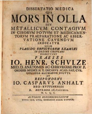 Diss. med. qua mors in olla, seu metallicum contagium in ciborum, potuum e praeparatione ac asservatione cavendum indicatur