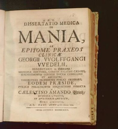 Dissertatio Medica De Mania