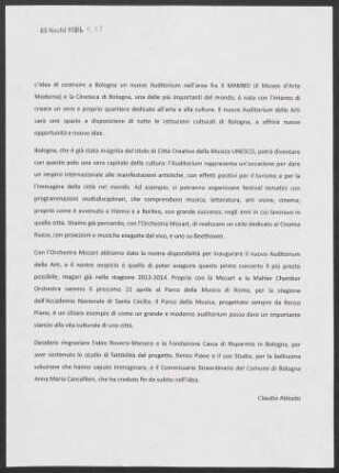 Kurzer Text von Claudio Abbado über das neue Auditorium in Bologna