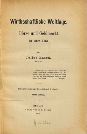 Wirthschaftliche Weltlage : Börse und Geldmarkt... von Julius Basch, 4