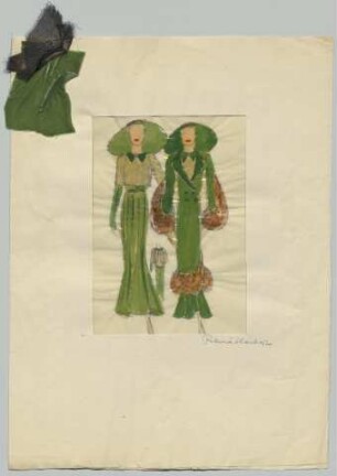 Zwei Figurinen und eine Detailansicht: Ein knöchellanges Kleid mit goldfarbener Bluse und passendem langem Mantel mit Pelzbesatz, sowie einem breitkrempigem Hut, mit Materialproben (Archivtitel)