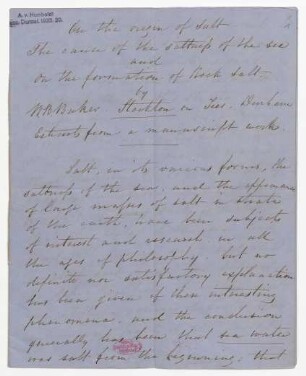 "On the origin of Salt the saltness of the sea and on the formation of Rock Salt."
