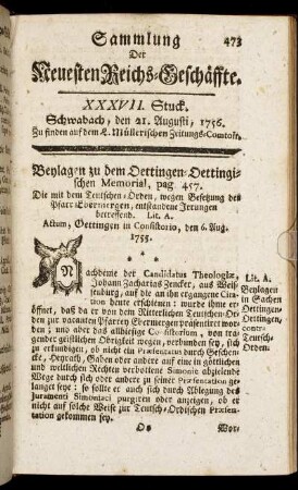 XXXVII. Stuck. Schwabach, den 21. Augusti, 1756.