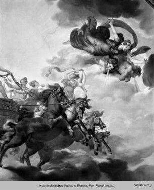 Deckendekoration mit mythologischen Szenen und Jahreszeiten : Prometheus raubt das Feuer von Apolls Sonnenwagen