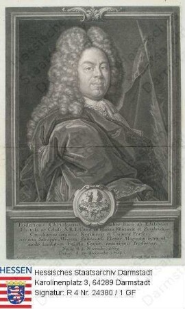 Edelsheim, Friedrich Christian Baron v. (1669-1722) / Porträt mit Wappen und lateinischer Sockelinschrift / Brustbild