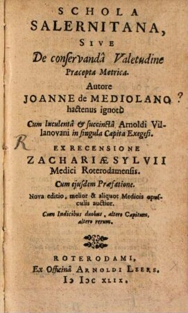 Schola Salernitana Sive De conservanda Valetudine Praecepta Metrica