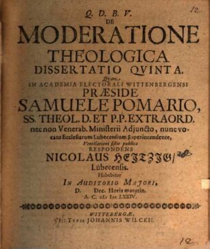 De moderatione theologica dissertatio quinta