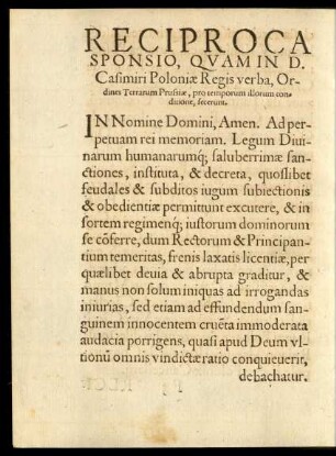Reciproca Sponsio, Quam In D. Casimiri Poloniae Regis verba, Ordines terrarum Prussiae ... fecerunt.