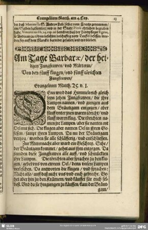 Am Tage Barbarae, der heiligen Jungfrawen, und Märterin ...