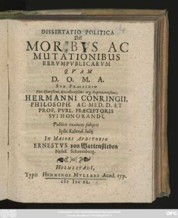 Dissertatio Politica De Moribus Ac Mutationibus Rerumpublicarum