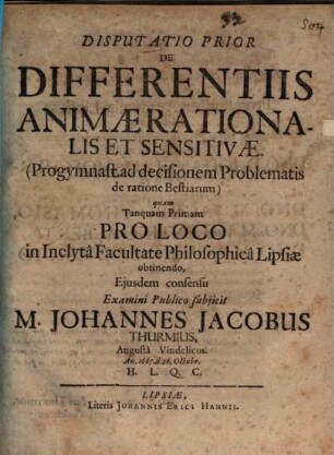Disp. prior de differentiis animae rationalis et sensitiva