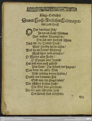 Klag-Gedichte Denen Hoch-Adelichen Leidtragenden zum Trost