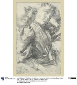 Weibliches Brustbild nach rechts, mit der Linken am Haar, Detailstudien des Gesichts un der linken Hand