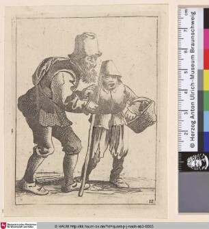 [Ein gebeugter Mann mit Stock und ein Junge mit einem Korb am Arm]