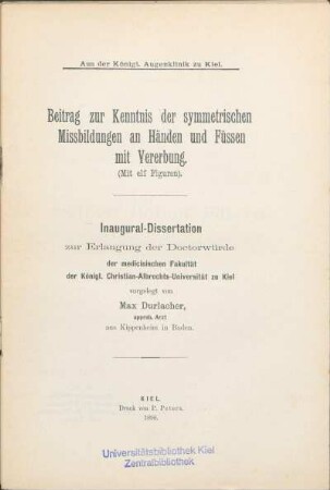 Beitrag zur Kenntnis der symmetrischen Missbildungen an Händen und Füssen mit Vererbung