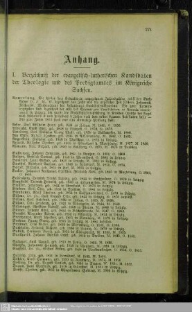 I. Verzeichniß der evangelisch-lutherischen Kandidaten der Theologie und des Predigtamtes im Königreiche Sachsen