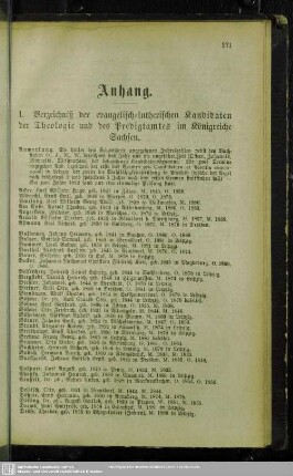I. Verzeichniß der evangelisch-lutherischen Kandidaten der Theologie und des Predigtamtes im Königreiche Sachsen