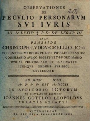 Observationes de peculio personarum sui iuris : ad L. LXXIX § I D. De legat. III