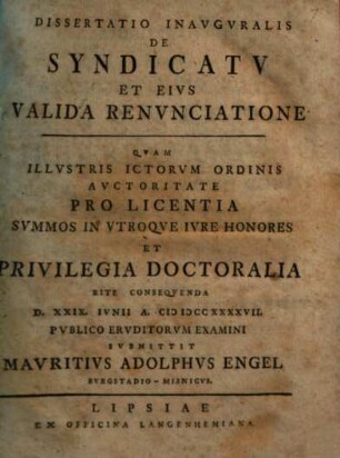 Diss. inaug. de syndicatu, et eius valida renunciatione