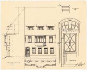 Fassaden der nach dem Brand am 17. Juni 1915 wiederaufgebauten Häuser, Duderstadt: Aufriss: Ansicht von der Straße 1:50; Fassadenschnitte horizontal und vertikal 1:50; Details 1:10: Haustür und Gesims