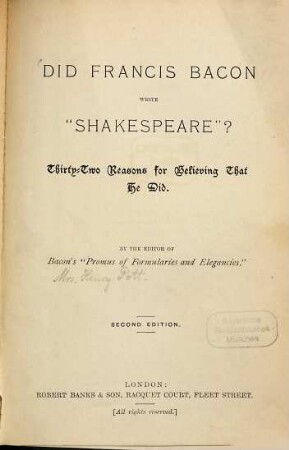 Did Francis Bacon write "Shakespeare"?, 1