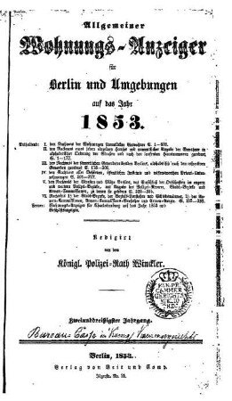 1853: Allgemeiner Wohnungs-Anzeiger für Berlin und Umgebungen