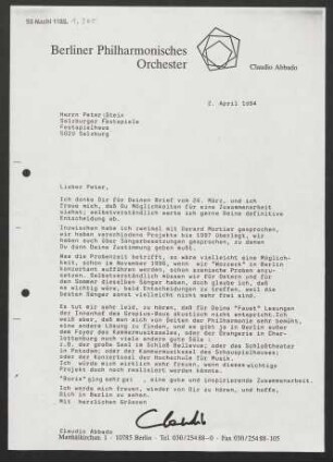 Brief an Peter Stein, 02.04.1994