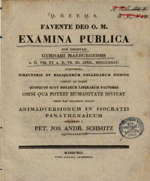Examina publica cum discipulis Gymnasii Marburgensis : A. D. VIII et A. D. VII ID. APRIL 1835 ...