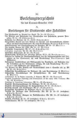 XI. Vorlesungsvereichnis für das Sommer-Semester 1942