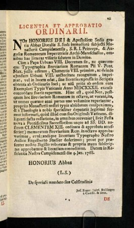 vii, Licentia et Approbatio Ordinarii